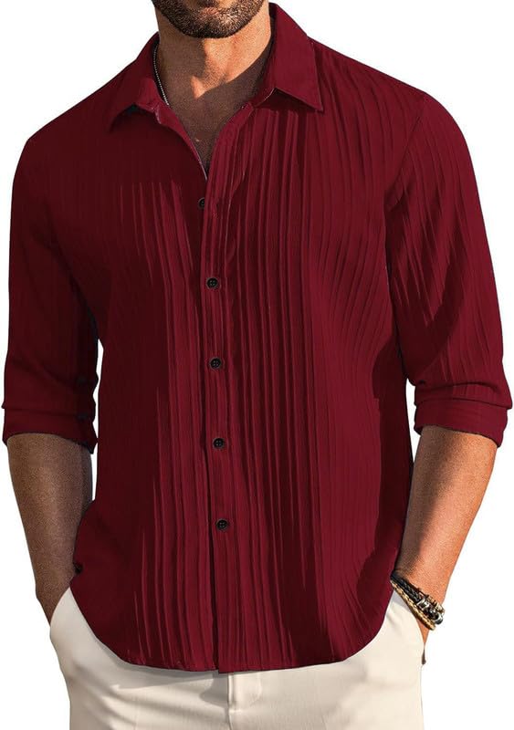 Amazon Brand - INKAST Men's Casual Button Down Shirts Long Sleeve Linen Shirt Fashion Textured Beach Summer Shirt Red (in, Alpha, S, Regular, RED)