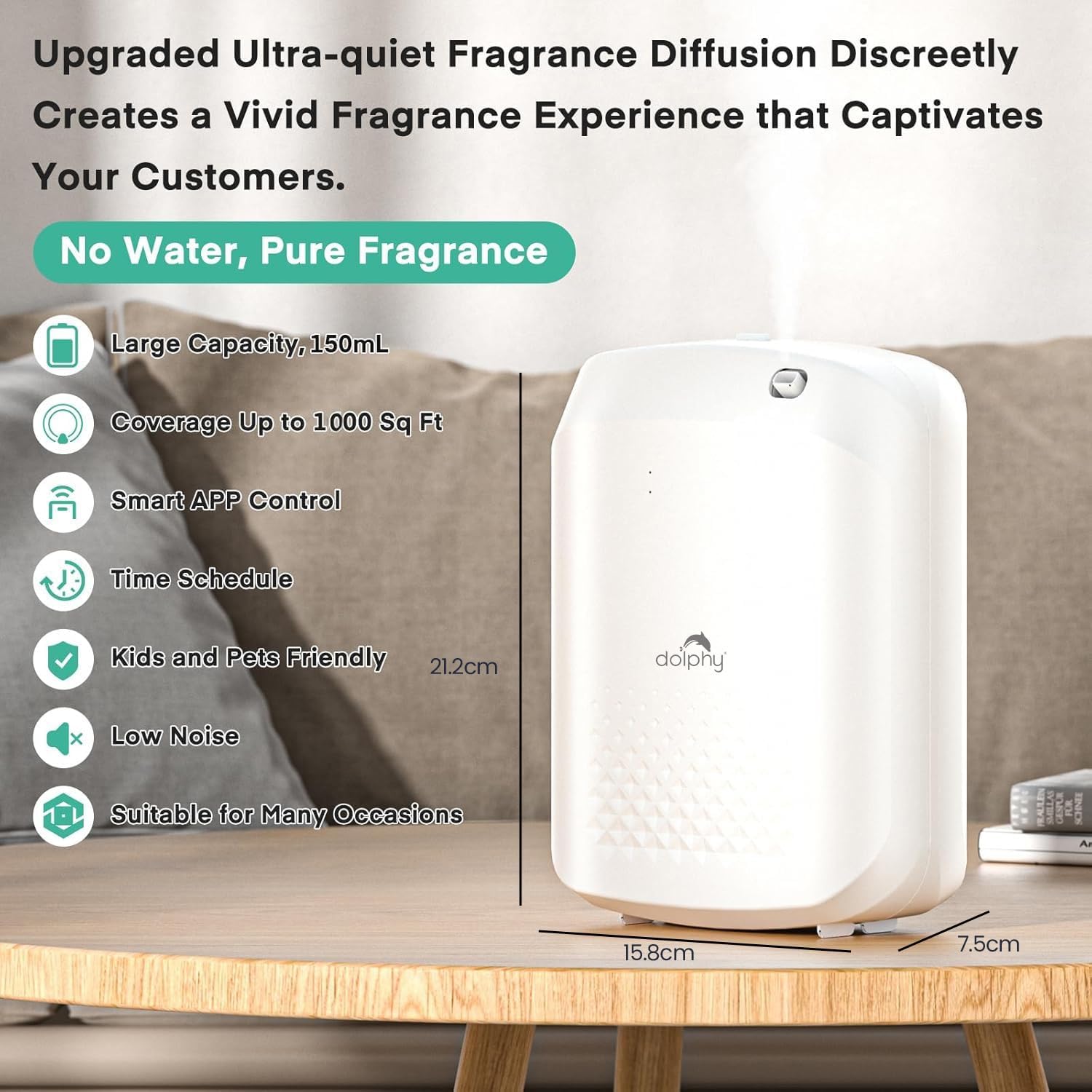 Dolphy Smart Scent Air Diffusers Machine, Waterless Essential Oil Diffuser with Bluetooth | 400ml Capacity | Programmable Timer Schedule with Smart APP Control for Home, Hotel, Spa, Office - White