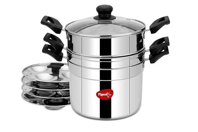 Pigeon All in One Multipurpose 4.5 liter Cookpot with Glass Lid Included Steamer and Strainer for Easy Cooking, Heavy Gauge Stainless Steel Idly Plates Inside, 4 Cavity (16 Idlies)|Induction and Gas Stove Compatible