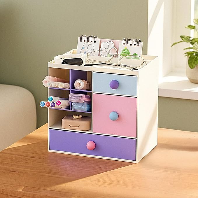 Amazon Basics Multi-Compartment Desk Organiser | 10 Compartments | 20.5 × 14.3 × 19.9 cm | Cream | Plastic | Handles Included