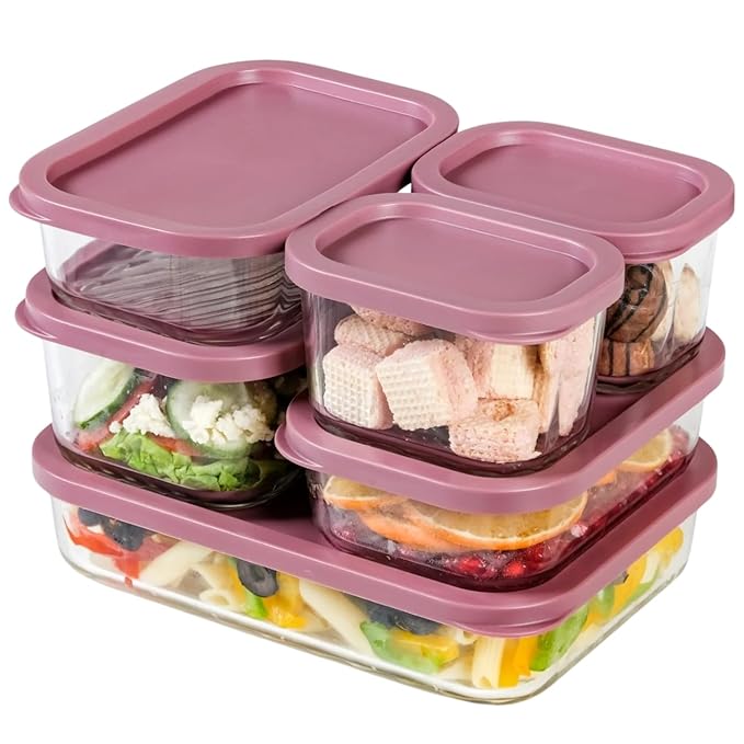 Nestasia Groovo Glass Containers for Fridge Storage Set of 6 (S-310ml x 2, M-520ml x 2, L-750ml, XL-1200ml) Transparent Stackable Glass Container with Lid, Microwave & Dishwasher Safe (Purple)
