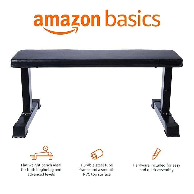 Amazon Basics Flat Weight Workout Exercise Bench, Black (Max User Weight: 350 Kg)