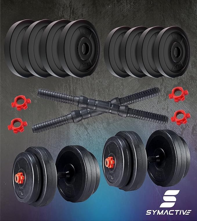 Amazon Brand - Symactive 20 Kg PVC Adjustable Dumbbells Fitness Kit for Full Body Workout (2 Kg x 4 + 3 Kg x 4 Kg Weight, One Pair 14'' Dumbbell Rods & Nuts)