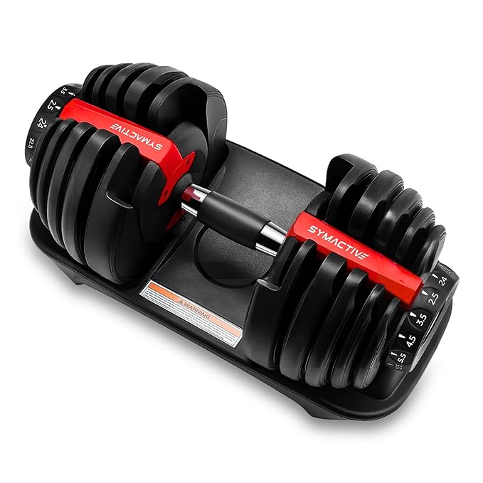 Amazon Brand - Symactive Adjustable Dumbbells 2.5Kgs - 24Kgs | Easy Weight Adjustment | Home Gym Equipment | for Men & Women | Non-Slip Grip, Durable | Red