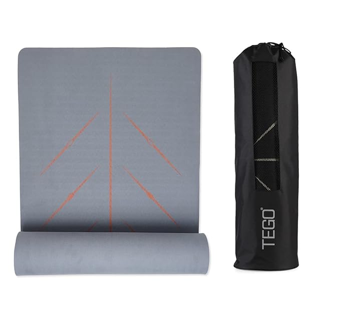 TEGO Core Yoga Mat (Grey Brick) | 8mm Ultra-Cushioned TPE Mat with Posture Reference Lines | Antimicrobial, Non-Slip, Lightweight & Portable with Carry Bag | Beginner-friendly Yoga Mat | 72/78 x 26” | Joint-Friendly Mat