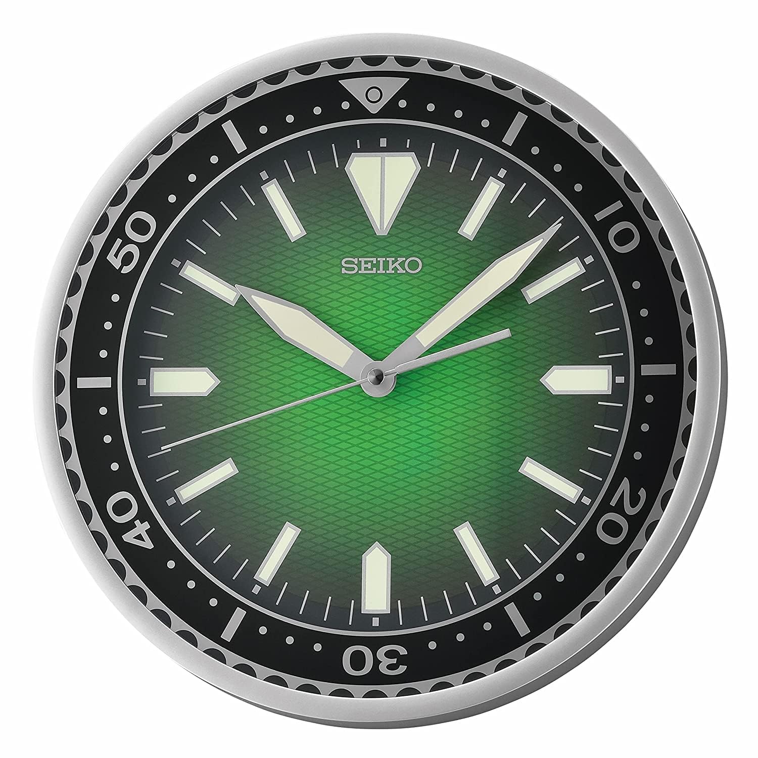 Seiko Classic Plastic Round Silver Color Case Green Dial Analog LumiBrite Wall Clock with Sweep Movement (Size: 30 x 4.5 x 30 CM | Weight: 780 gram | Color: Silver)