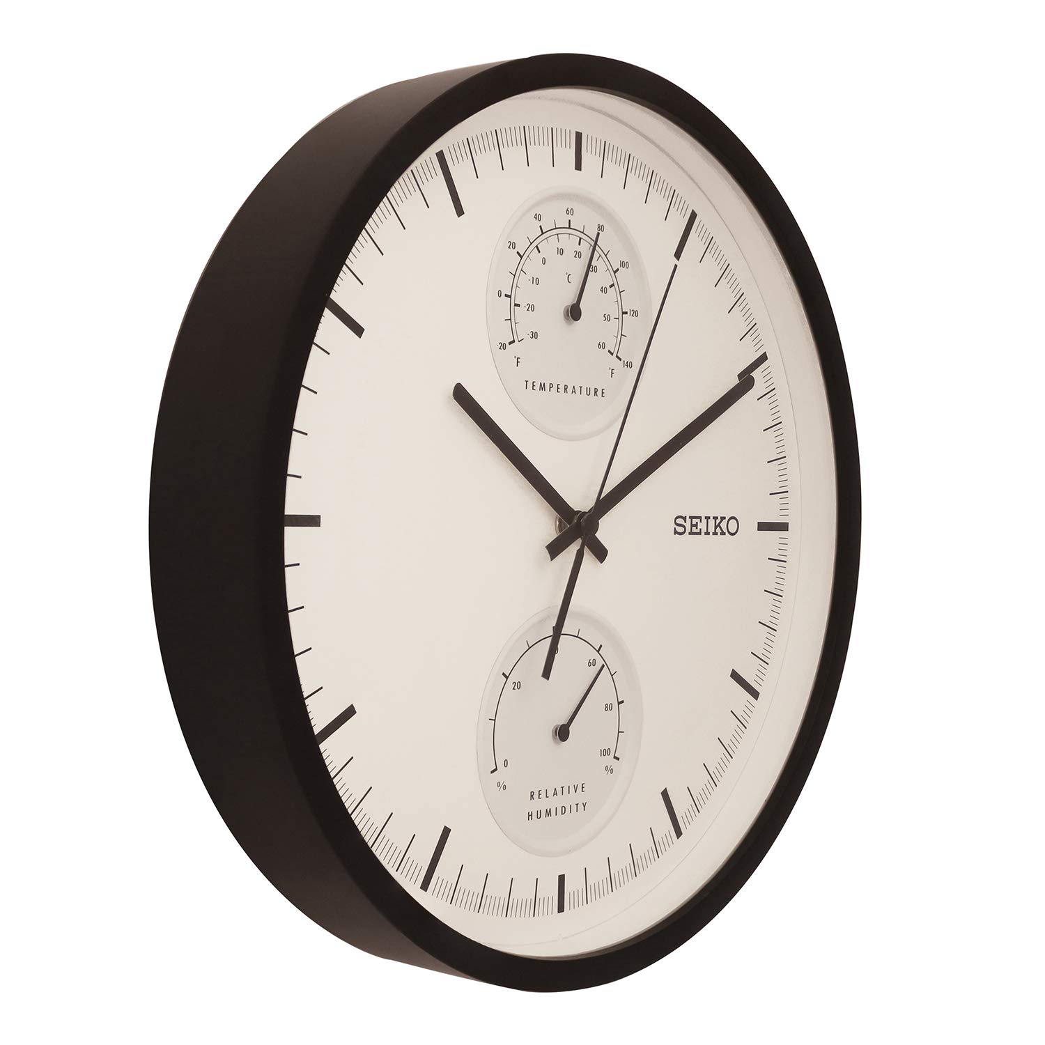 Seiko Elegant Round Black Plastic Analog Home Decor Wall Clock with Thermometer, Hygrometer & Sweep Movement (Size: 30.4 x 4.6 x 30.4 CM | Weight: 970 gram | Color: Black)
