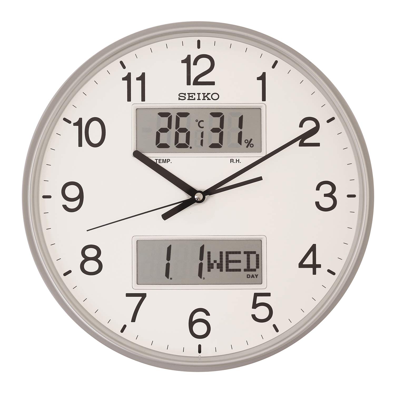 SEIKO Classic Round Grey Plastic Analog Home Décor English Numbers Wall Clock with Showing Day/Date (Size: 32.8 x 5.9 x 32.8 CM | Weight: 1180 gram | Color: Grey)