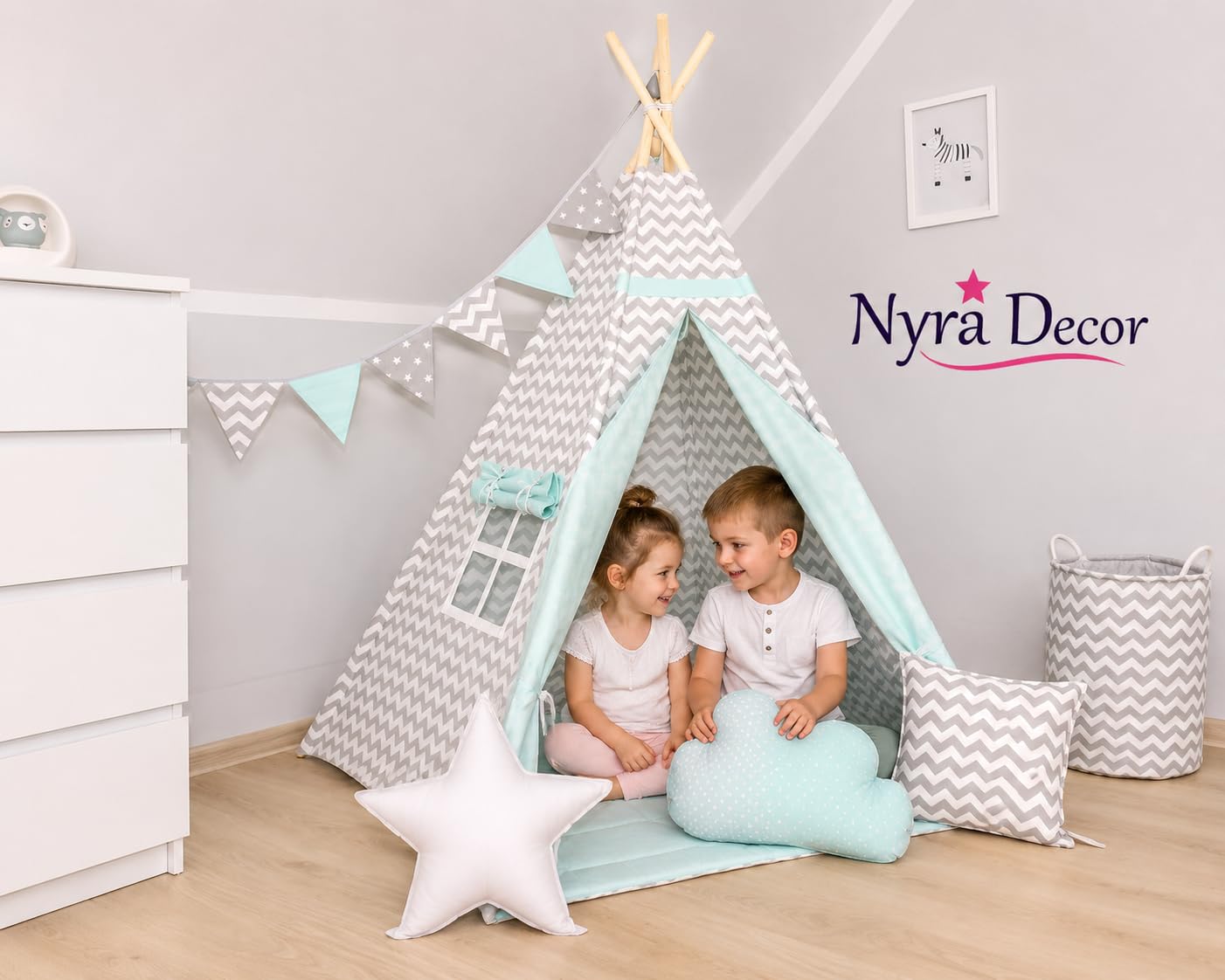 Nyra Decor Kids Portable Teepee Tents With Padded Mat And Cushions Free Kit Bag Zig Zag Teal