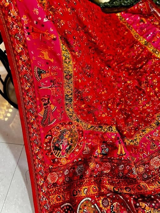 Harshiv enterprise Pure Original kanchipuram Kanjivaram Zari weaving silk with zalar red hadwa print Blouse piece for Wedding