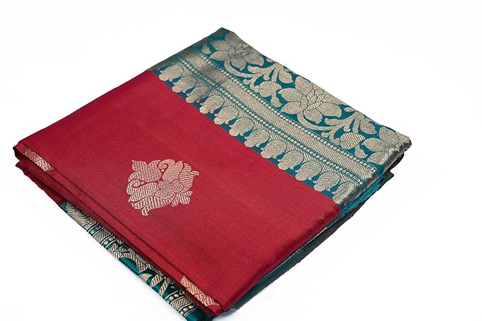 Inwaara Pure Taser Banarasi Silk Saree with Kadwa Floral Motifs, Dark Pink and Deep Red with Teal Blue Border, Unstitched Blouse Material, Silk Mark Certified saree