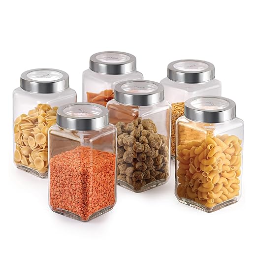 CELLO Qube Fresh Glass Storage Jar with See Through Lid Set of 6, (1000ml x 6), Transparent | Food Grade, Stackable, Easy Storage Jar | Air Tight Kitchen Glass Jar For Cookies Snacks Pulses Dry Fruits