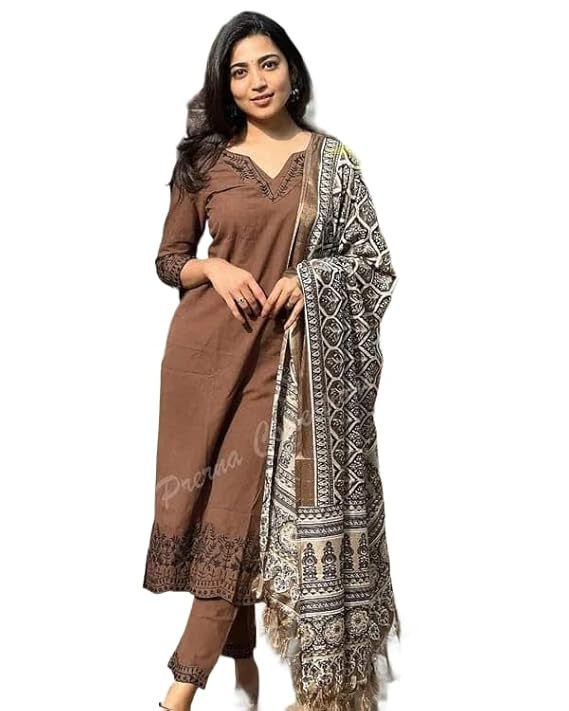 Women Trendy Embroidred Cotton Brown Kurta With Pant and Dupatta