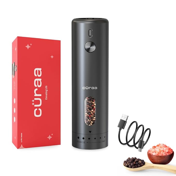 CÜRAA Electric Pepper Grinder with Adjustable Coarseness for Precision Seasoning | Rechargeable, One-Hand Operation | Automatic Pepper Mill for Kitchen | By Chef Sanjyot Keer