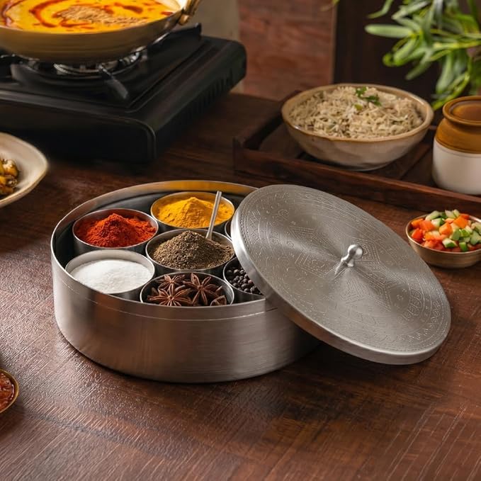 CÜRAA Stainless Steel Masala Dani | By Chef Sanjyot Keer | Masala Box for Kitchen with Spoon (Pure Steel, 7 Detachable containers, 100 ML) | Spice Storage Container | Spice Box for Kitchen Gift