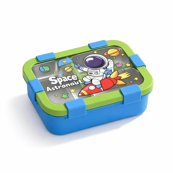 Motka Premium Kids Lunch Box 3 Compartments 700ml with Cutlery Storage | 304 Food Grade Stainless Steel Leakproof Tiffin for School & Travel - Blue Space Design