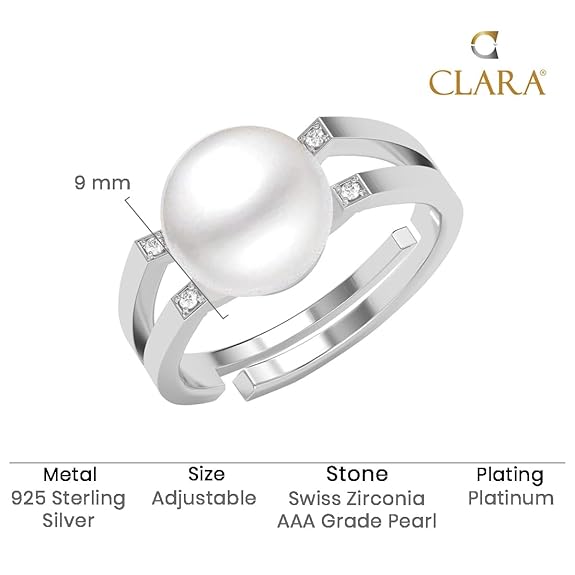 Clara Pure 925 Sterling Silver Ilaria Real Pearl Size Adjustable Finger Ring | Gift for Women and Girls | Swiss Zircon Platinum Plated