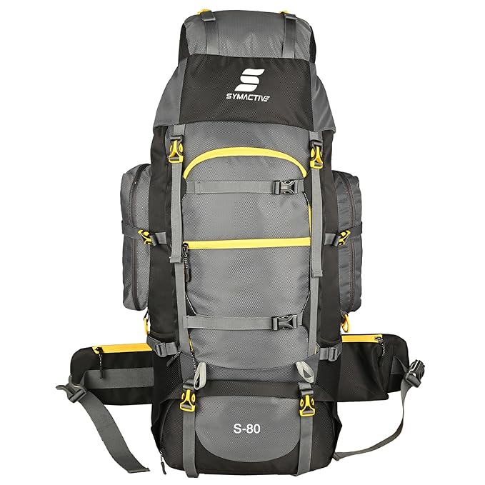Amazon Brand - Symactive 80L Travel Hiking Bag with Shoe Compartment | for Trekking, Hiking, Camping | Unisex | Black, Grey