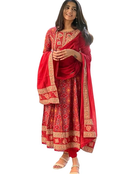 PATEL GLOBAL BRANDS Women's Cotton Anarkali Embroidery Designer Long Anarkali Kurti With Pant and Dupatta Set (Red)