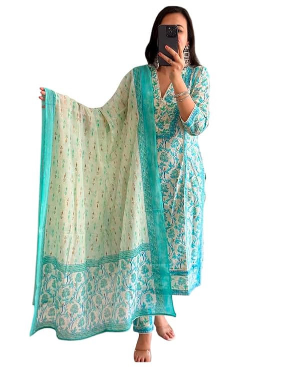 PATEL GLOBAL BRANDS Women's Cotton Floral Printed Anazrkali Kurti with Pant & Dupatta Set