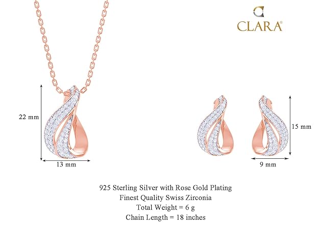 Clara 925 Sterling Silver Agda Pendant Earring Chain Jewellery Set | Rose Gold Rhodium Plated, Swiss Zirconia | Gift for Women & Girls