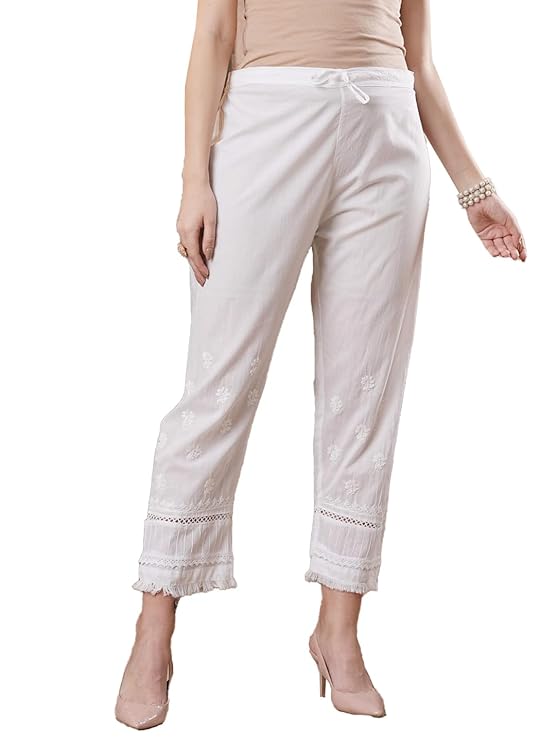 Ada Women's Regular Fit Mid Rise Hand Embroidered Cotton Lucknowi Chikankari Palazzo A711180