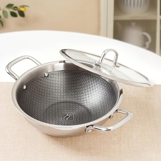 Nestasia Triply Stainless Steel Honeycomb Kadai with Glass Lid 24 cm (3L) - Non Stick Kadhai with Air Vent Lid for Healthy Cooking | Induction & Gas Stove Friendly, Even Heating, Less Oil Use