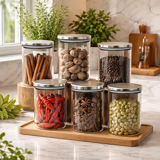 amazon basics Glass Jars for Kitchen, Set of 6, 600ml Borosilicate Glass Containers with Airtight Stainless Steel Lids, Kitchen Storage Jars for Tea, Coffee, Sugar, Spices & Dry Fruits