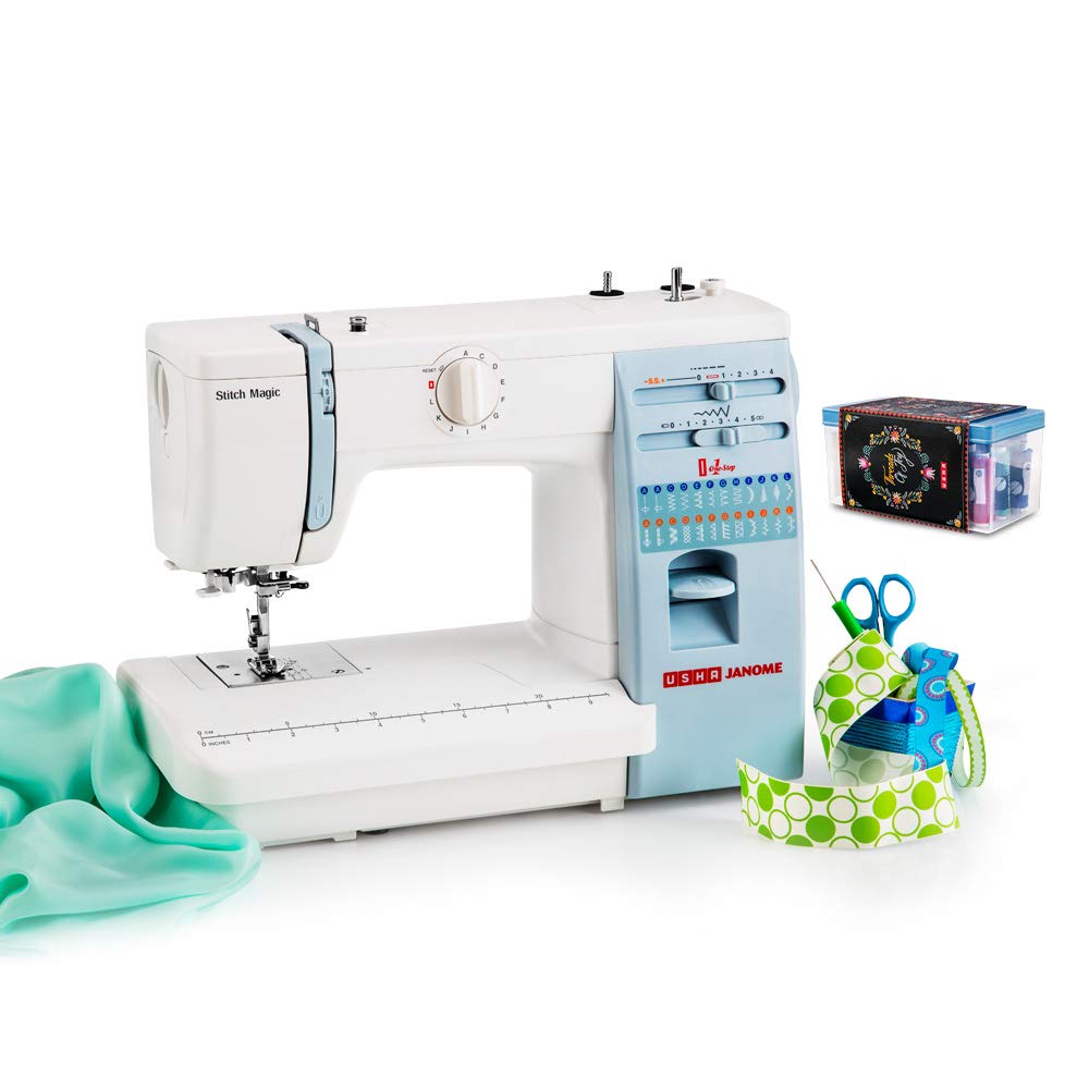 Usha Janome Automatic Stitch Magic Sewing Machine with 57 Stitch Function(White And Blue)