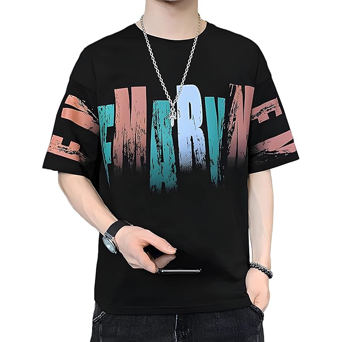 London Hills Men's Cotton Oversized Fit Casual Printed Round Neck, Oversized Longline Drop Shoulder Boho Style T-Shirt