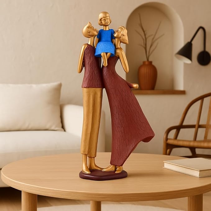 Xtore Gold & Burgundy Resin Family Figurine | Modern Decorative Statue | Parent and Child Design | Living Room, Bedroom, Office Accent - (Pack of 1, Multicolor)