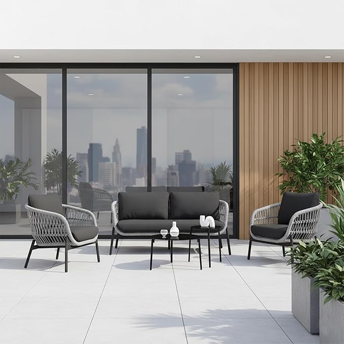 Amazon Brand - Solimo Outdoor 4 Seater Sofa Set | Balcony Sofa | Patio Furniture Sets | Conversation Sets | Braid & Rope Garden 4 Seater Sofa Set with Center Table (Grey)