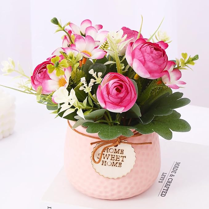 TIED RIBBONS Artificial Rose Flower Plant with Pot (Pink, 6.6 Inch) Home Décor Items for Living Room Balcony Kitchen Bedroom Office Table Top Decoration