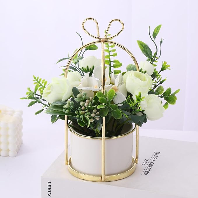 TIED RIBBONS Polyester Artificial Rose Flowers with Pot and Stand (20.3 cm x 10.1 cm, White) Home Decor Items for Living Room Table Kitchen Bedroom Office Centerpiece Gift Set