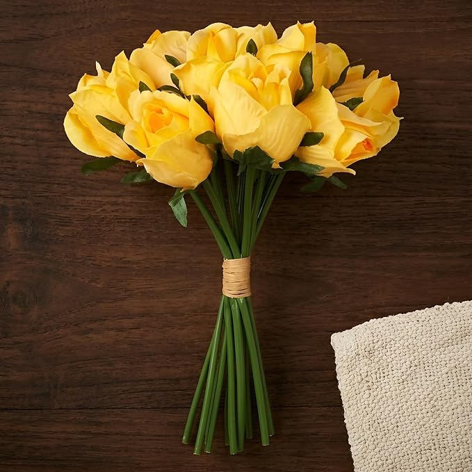 TIED RIBBONS Set of 12 Artificial Rose Flowers Bunches for Vase (24 Cm,Yellow)-Home Decoration Gift Items, Birthday Gift for Mom, Living Room Table Top Bedroom Wedding (Pot Not Included) - Polyester