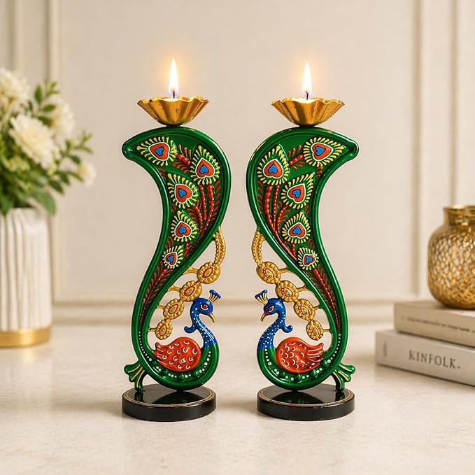 CraftVatika Elegant Metal Peacock Candle Holder - Peacock Decoration Items, Perfect Home Decoration Diwali, Intricate Design Tealight Candle Holders for Home Decor, Handpainted Tealight Candle Holder
