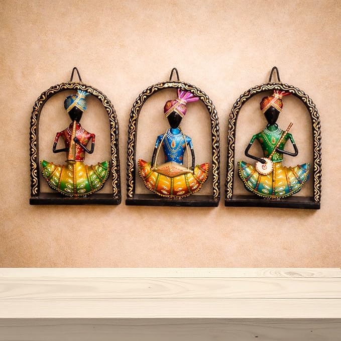 CraftVatika Metal Musician Wall Decor Set of 3 Handpainted Musician Rajasthani Folk Art Wall Hanging Decorations Home Wall Decoration Items for Living Room Hall Anniversary Housewarming Gift for Women