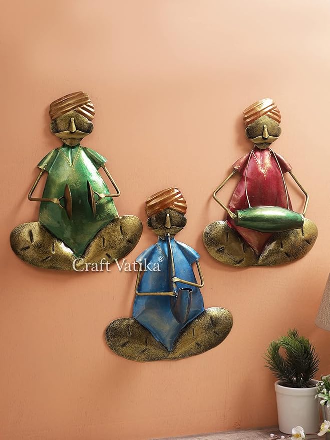 CraftVatika Metal Rajasthani Musician Playing Wall Art Hanging Decor For Home Office Living Room Decoration and Gift Items (Set Of 3)