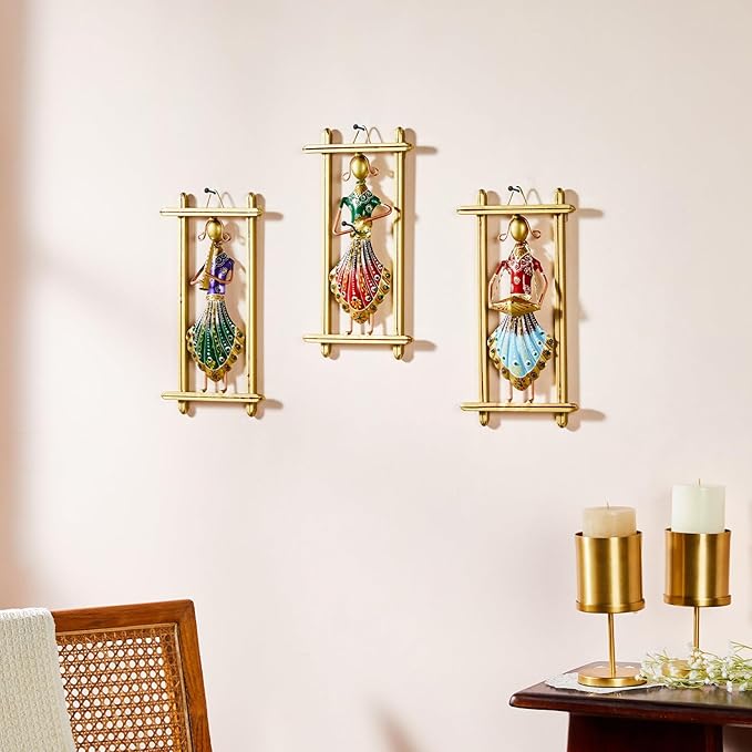 Amazon Brand Solimo Set of 3 Metal Iron Musician Wall Mount Hanging Showpiece, Playing Musical Instrument Idol Figurine Showpieces Wall Hanging for Home Decor, Multicolor (18 LX 2.0W X 34H cm)