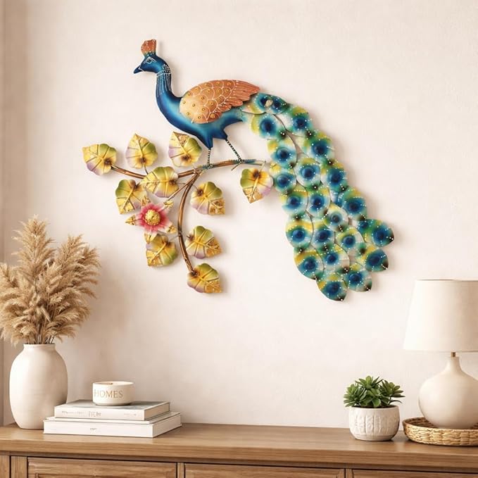 CraftVatika Metal Peacock Wall Art Decor Hanging Sculpture Mounted for Living Room Bedroom Home Decoration Items (23.5 Inches Height)