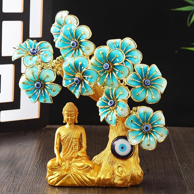 TIED RIBBONS Tree of Life with Buddha Mint Flower - (Gold, 25Cm) Evil Eye Tree Feng Shui Showpiece Items for Good Luck Positive Energy Vaastu Living Room Home Décor House Warming Gifts and Decoration