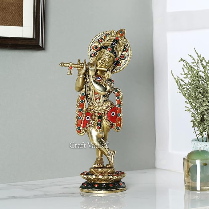 Amazon Brand - Umi Brass Krishna Idol Statue, Krishna Playing Flute Stone Studded Murti, Handmade for Home Decoration,Pooja Room, Temple, 12 Inches Height