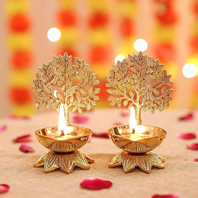 Behoma 100% Pure Brass Kalpavriksha Diya for Puja - Set of 2 | Religious Deepak for Mandir, Temple, Office & Home Decoration | Handcrafted Life Tree Diya for Pooja Room & Housewarming Gift