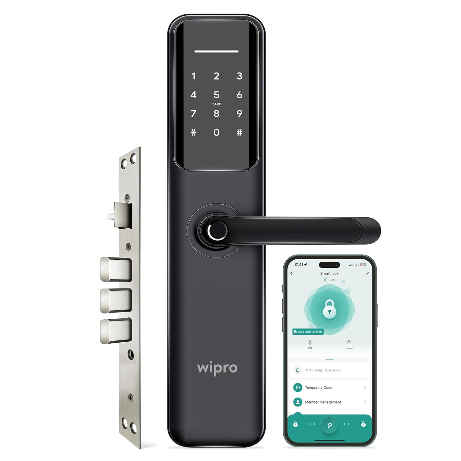 Wipro Smart Door Lock Aura | 6-Way Unlocking | 4 Bolts | Fingerprint, PIN, Access Card, Guest Unlocking via OTP, Mobile App | Pin Decoy, Alerts | IP65 Waterproof | 2 Yr Warranty | Black