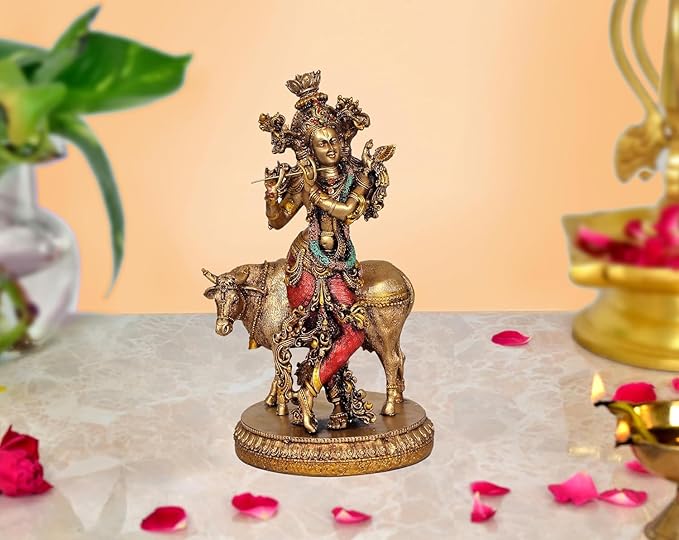 AONA Large Krishna Idol Playing Flute On The Back Kamdhenu Cow - Statue Showpiece Murti for Home Office Height 10.5 inches