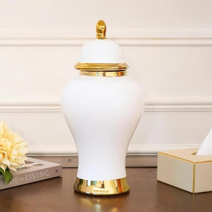 Ceramic Vase - Modern White and Gold Decorative Ginger Jar with Lid and Flower Vase for Home Decor | Elegant Centerpiece for Living Room, Dining Table, Console ( Big )