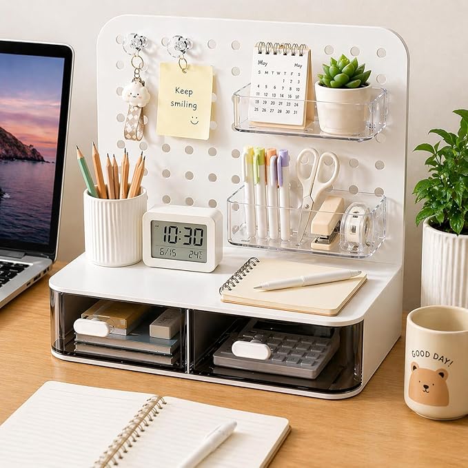 Amazon Brand - Solimo Pegboard Desktop Organizer with Drawers & Stationery Holder, Aesthetic Desk Shelf with Clear Bins & Hooks, Multi-Functional Desk Storage Rack for Office Supply Caddy, Makeup