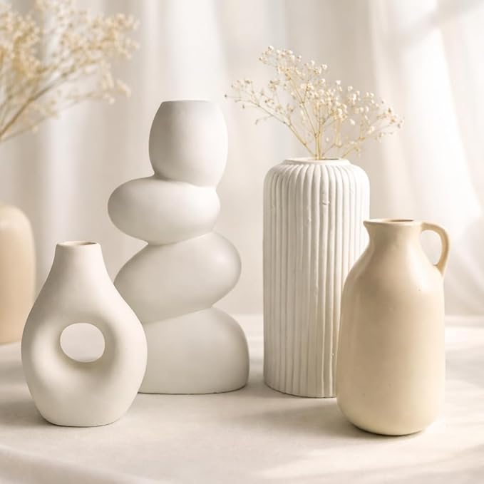 Luxury Ceramic Vase Combo | Minimalist Hand-Painted Vases for Living Room & Dining Table| Premium Gift Set for Home & Office (Nordic Vase Set of 4)