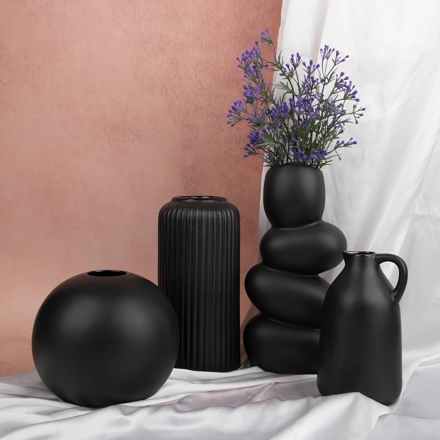 Set of 4 Black Matte Ceramic Vases – Modern Minimalist Home Décor Vase Set | Round, Ribbed, Pebble & Jug Style Vases for Living Room, Dining Table & Office
