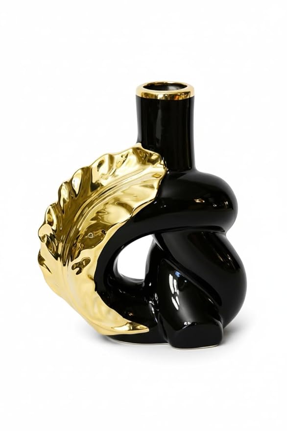 Blooming Floret Luxury Black & Gold Abstract Ceramic Vase Showpiece | Modern Glossy Decorative Flower Vase for Living Room, Centre Table, Shelf, Office Desk & Home Décor Accent